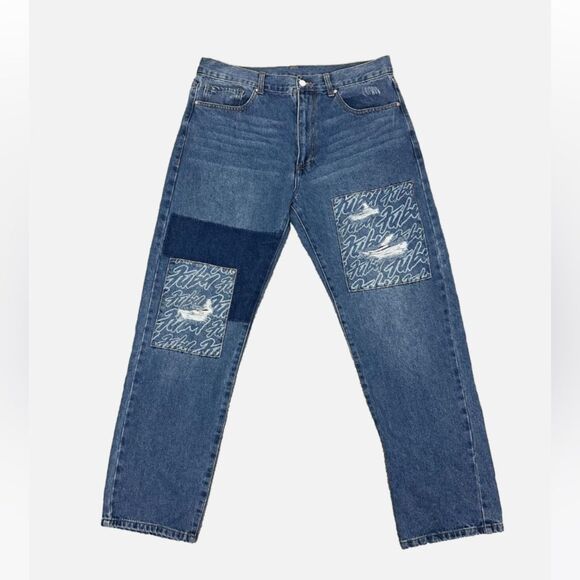 VTG, FUBU 05 FOREVER 21 BAGGY PATCHES DISTRESSED JEANS STREETWEAR MEN SIZE 32X32 - Picture 1 of 16